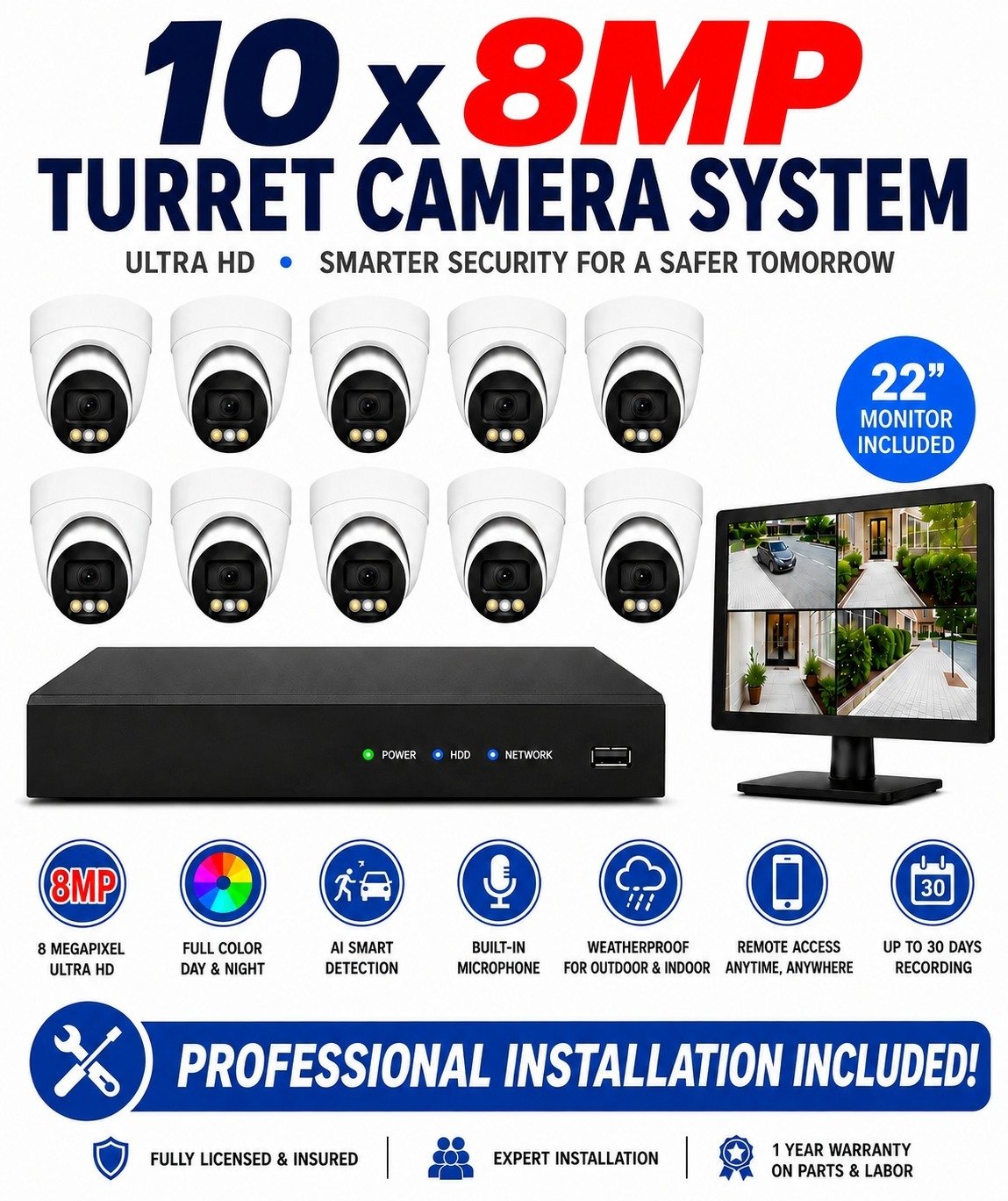 10 × 8MP Ultra HD Turret IP Cameras Package