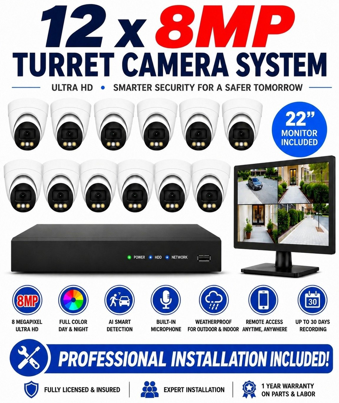 12 × 8MP Ultra HD Turret IP Cameras Package