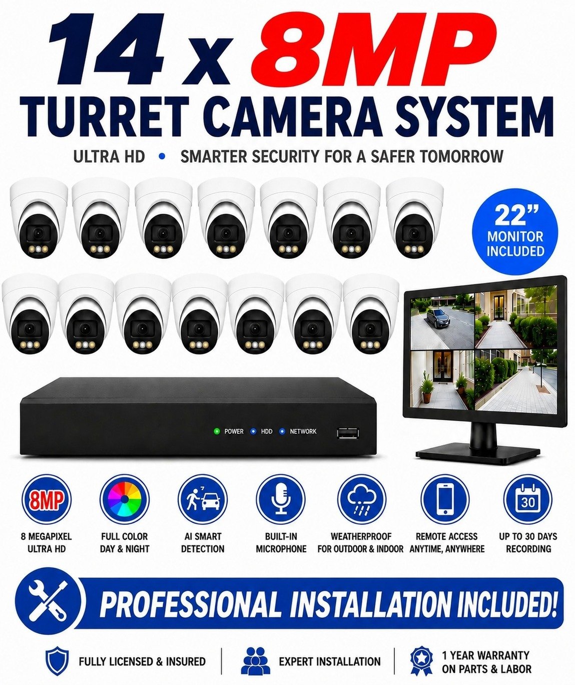 14 × 8MP Ultra HD Turret IP Cameras Package