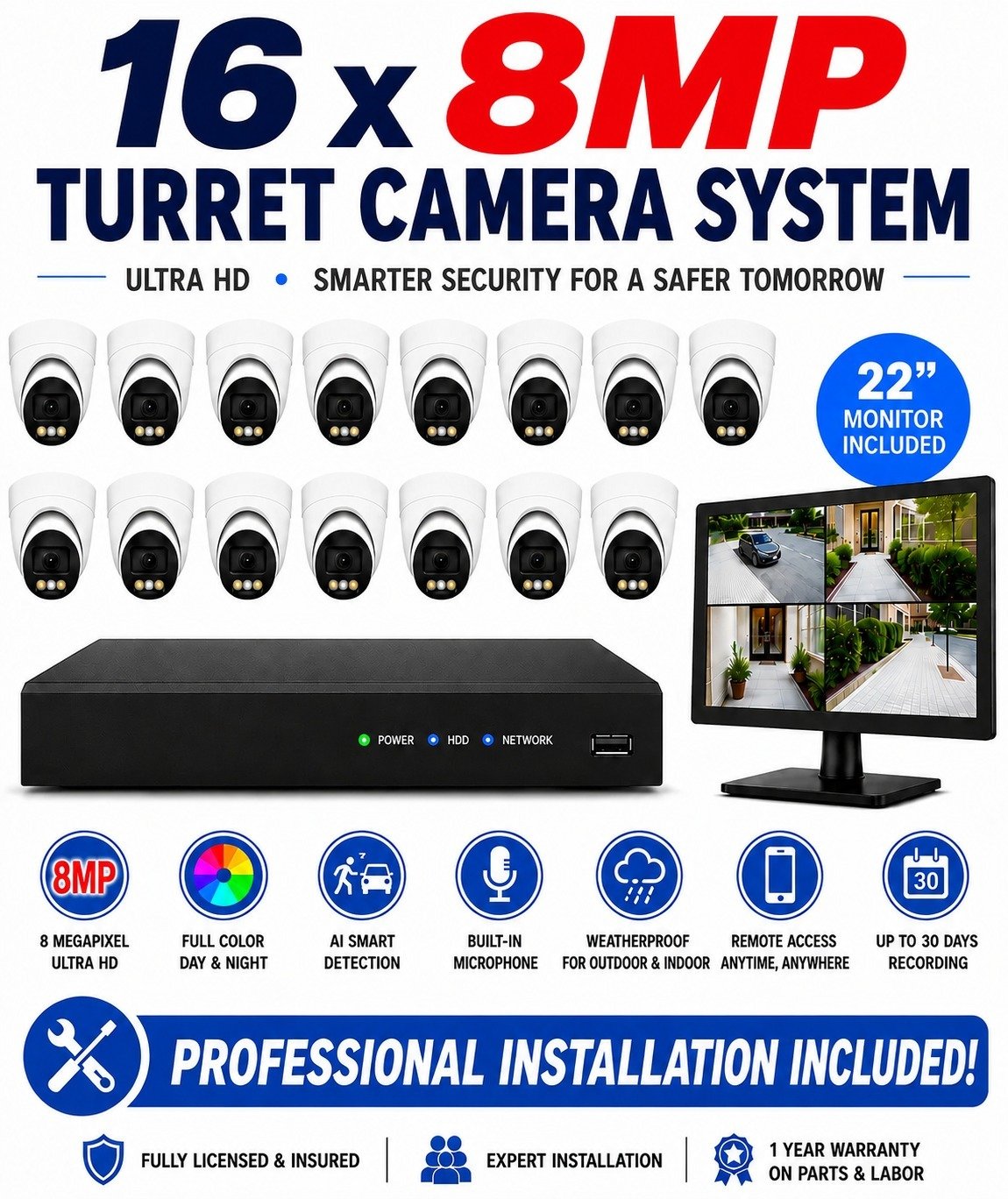 16 × 8MP Ultra HD Turret IP Cameras Package
