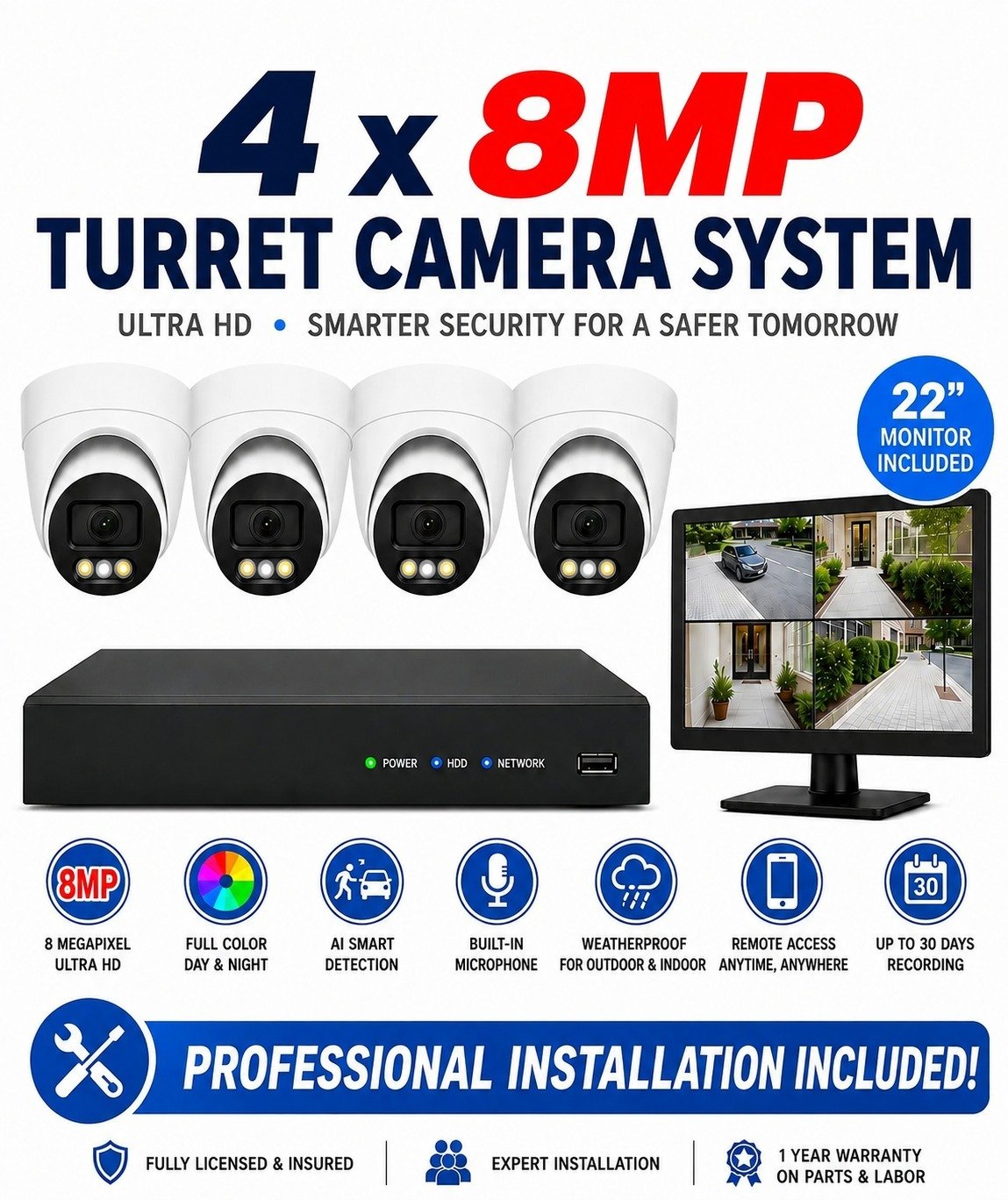 4 × 8MP Ultra HD Turret IP Cameras Package