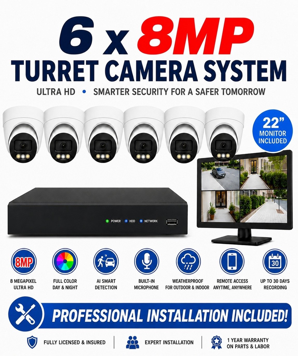6 × 8MP Ultra HD Turret IP Cameras Package