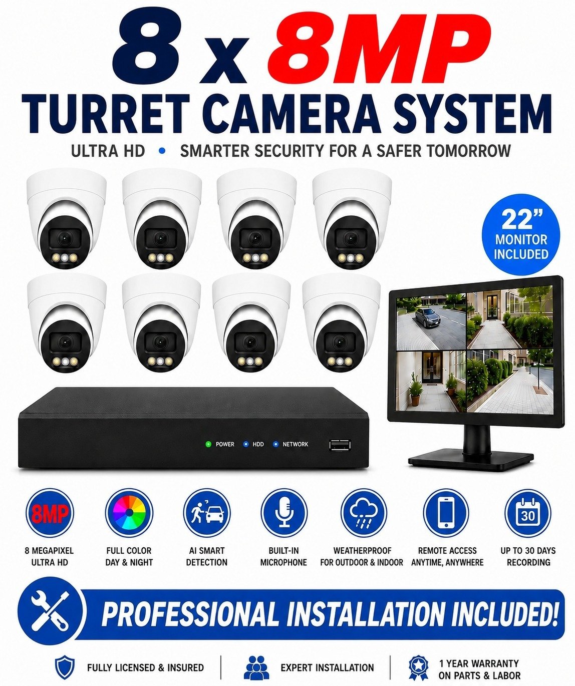 8 × 8MP Ultra HD Turret IP Cameras Package